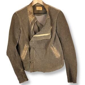 Blur Leather Italian Brown Woven Mixed Media Motorcycle Biker Jacket 8 Moto 40